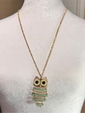 Whimsical Boho Mint Green Enameled Owl Statement Necklace